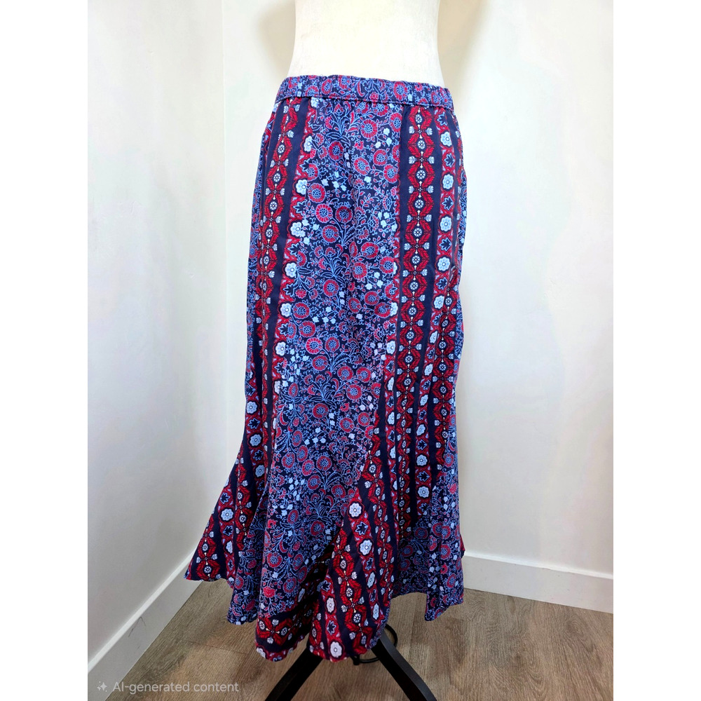 Vintage Blue Floral Bandana Print Maxi Skirt Sz L Boho Gypsy Country Rockabilly